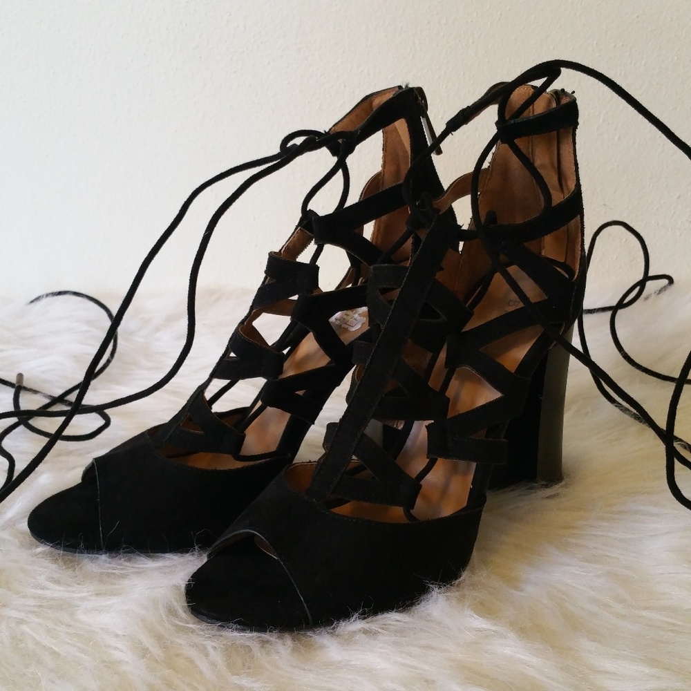 Black Suede Lace Up Heels Size 8